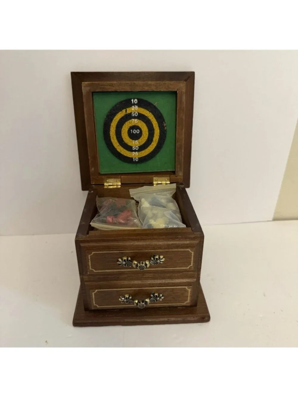 Vintage Enesco Wood Mini Game Cabinet Chess Checkers Darts Coasters Tabletop